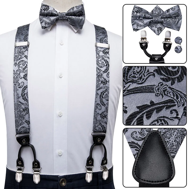 Hi-Tie jedwab, w stylu Vintage męski zestaw podwiązek do pończoch moda złota z kwiatowym wzorem pończoch i muszka zestaw skórzany Metal 6 klipsów szelki do pończoch