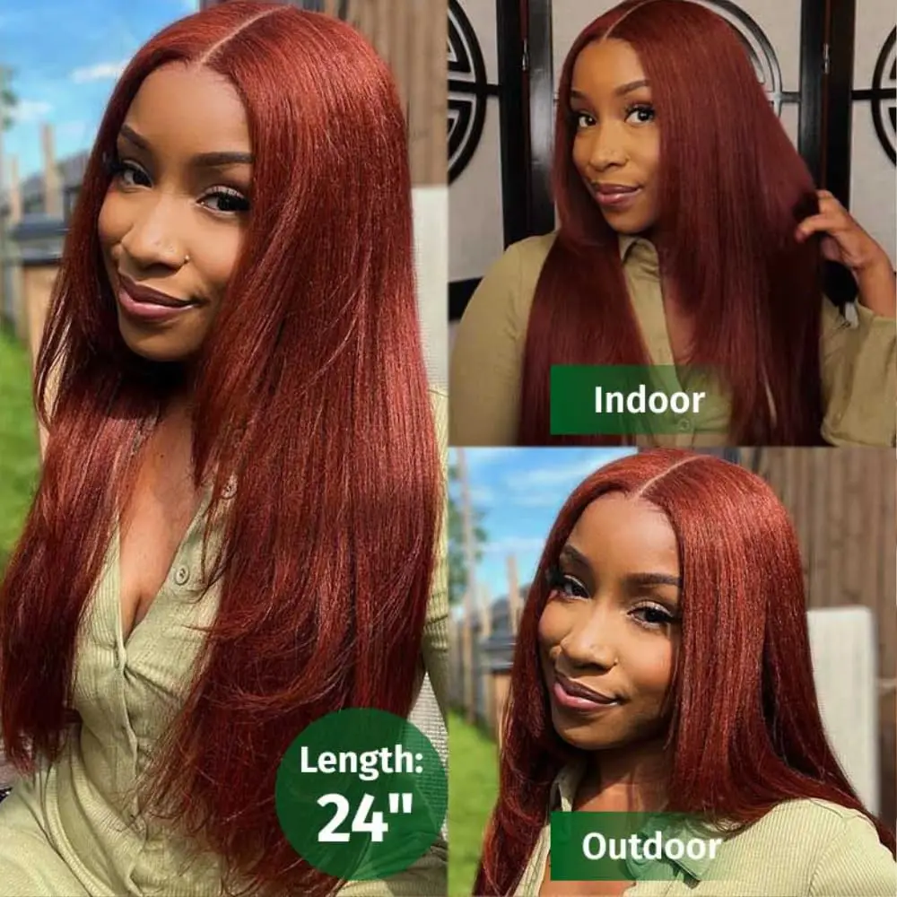 Reddish Brown Kinky Straight 13x6 Pre Cut Lace Front Wigs Human Hair Put on and Go Wig for Beginners Yaki Brazilian Preplucked