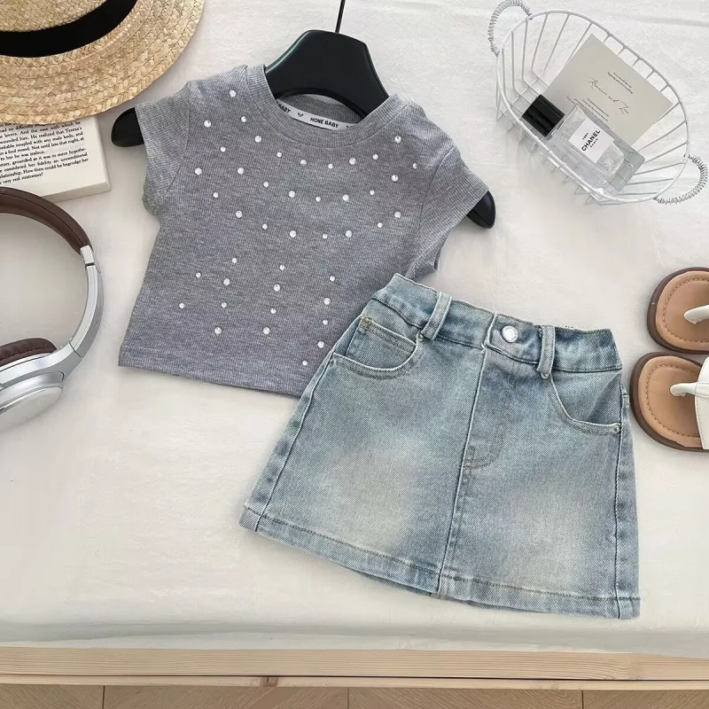

Girls' Suit Summer2025New Rhinestone Embellished Short SleeveTTrendy Two-Piece Set: T-Shirt and Denim Skirt