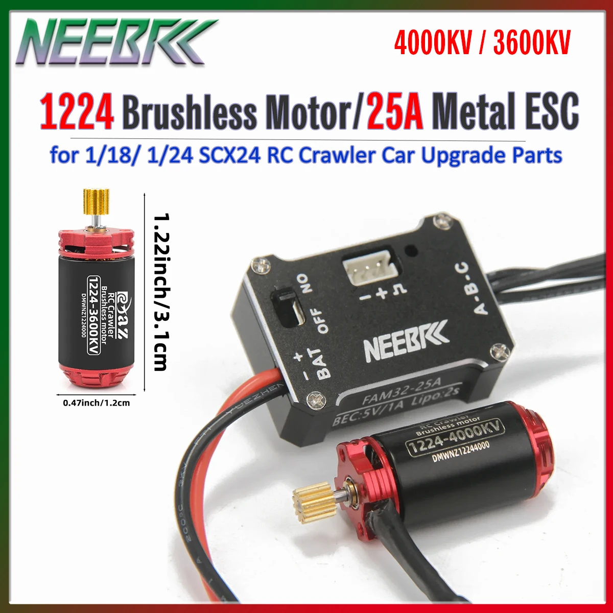 

NEEBRC 1224 4000KV 3600KV Brushless Motor 25A Metal Brushless ESC for 1/18/ 1/24 SCX24 RC Crawler Car Vehicle Upgrade Parts
