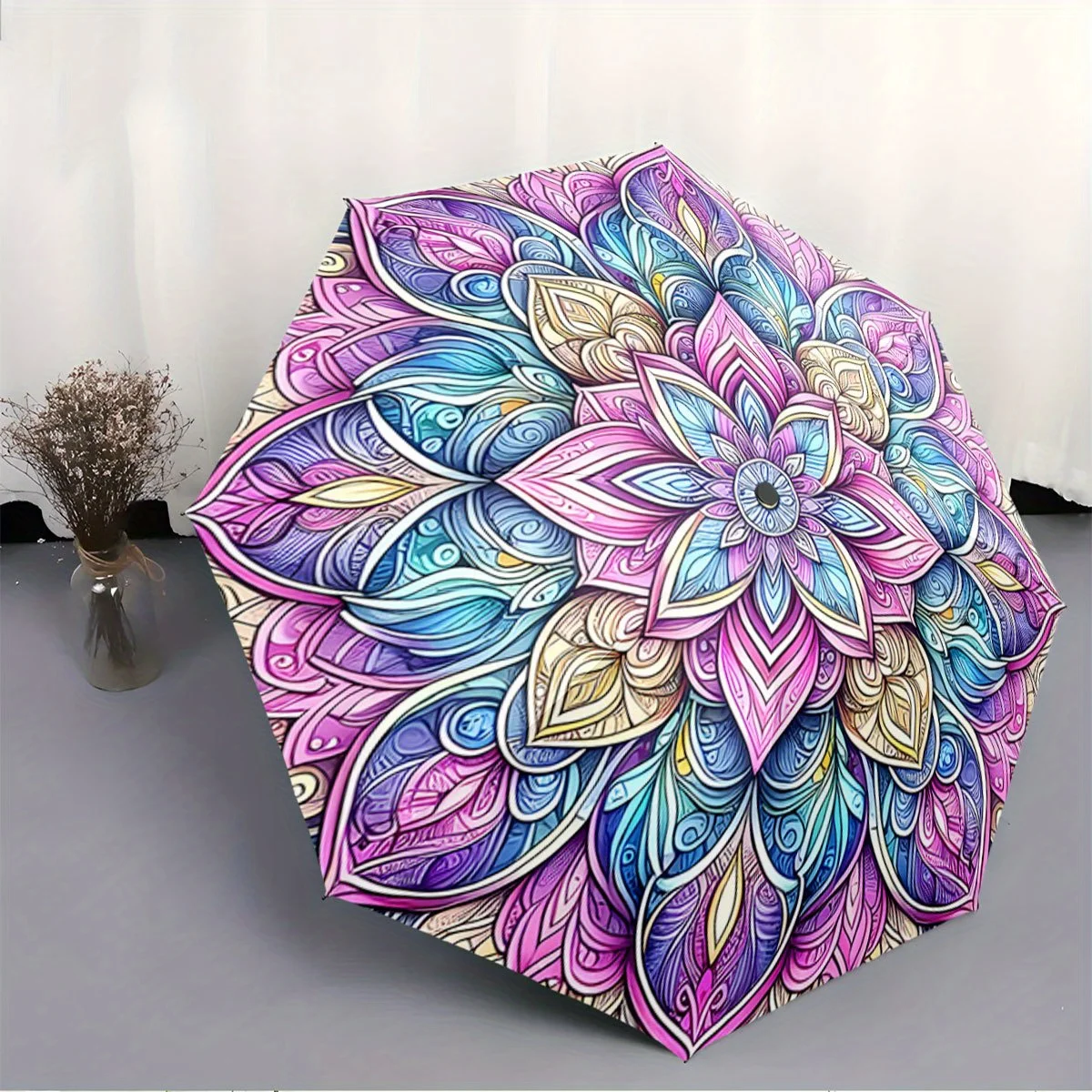 

Automatic Folding Umbrella Mandala pattern with vibrant colors. Portable collapsible design, casual outdoor accessory, for all