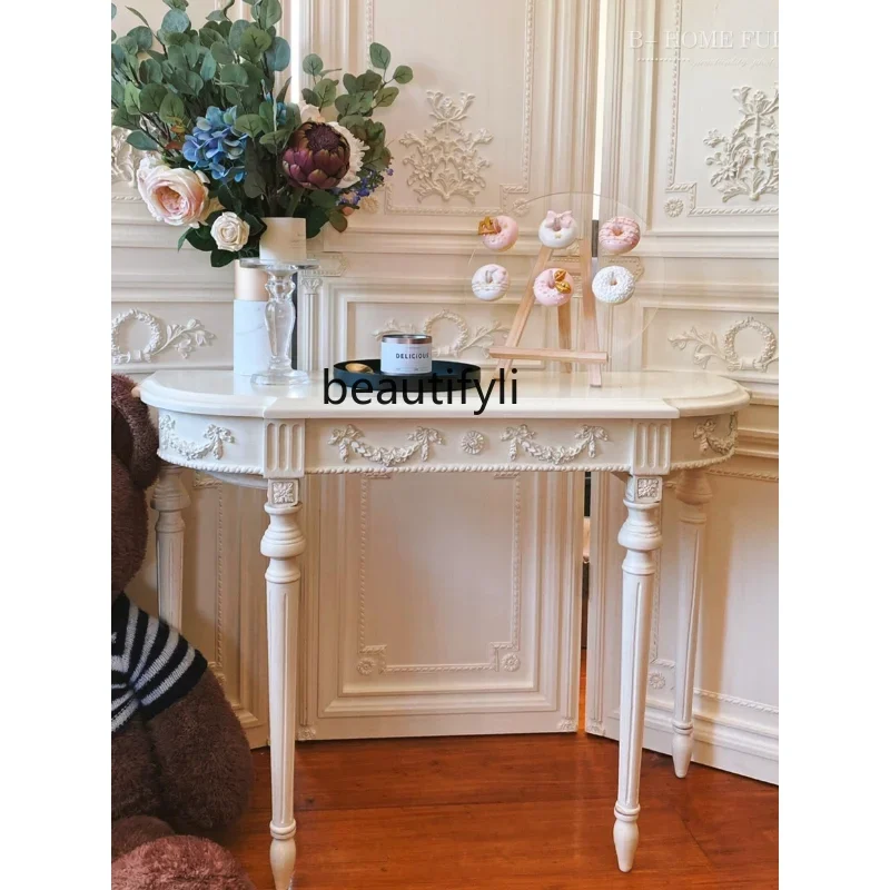 

yj French Solid Wood Console American Semicircle Distressed Entrance Cabinet Console Tables Partition Bed & Breakfast Side Table