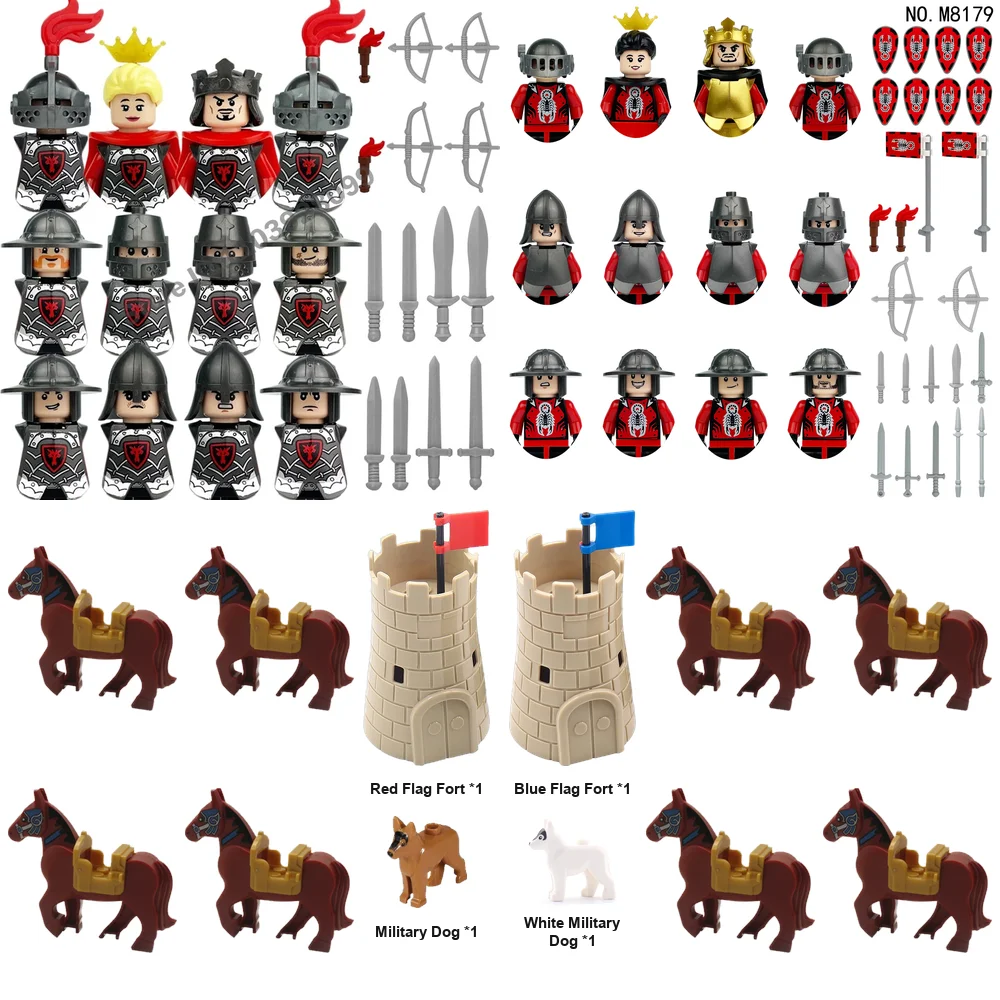 Figuras militares de la Europa medieval, bloques de construcción, guerreros romanos, fortaleza, perros de guerra, estandarte de batalla, guardias reales, ladrillos de la legión, juguete.