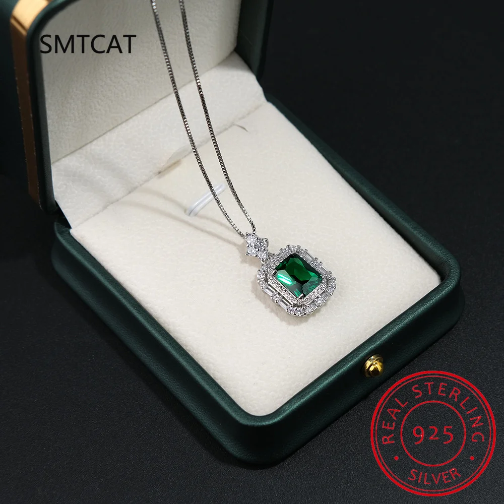 Square Simulated Nano Emerald 925 Sterling Silver Pendant Necklace for Women valentines day gift Colar de Prata