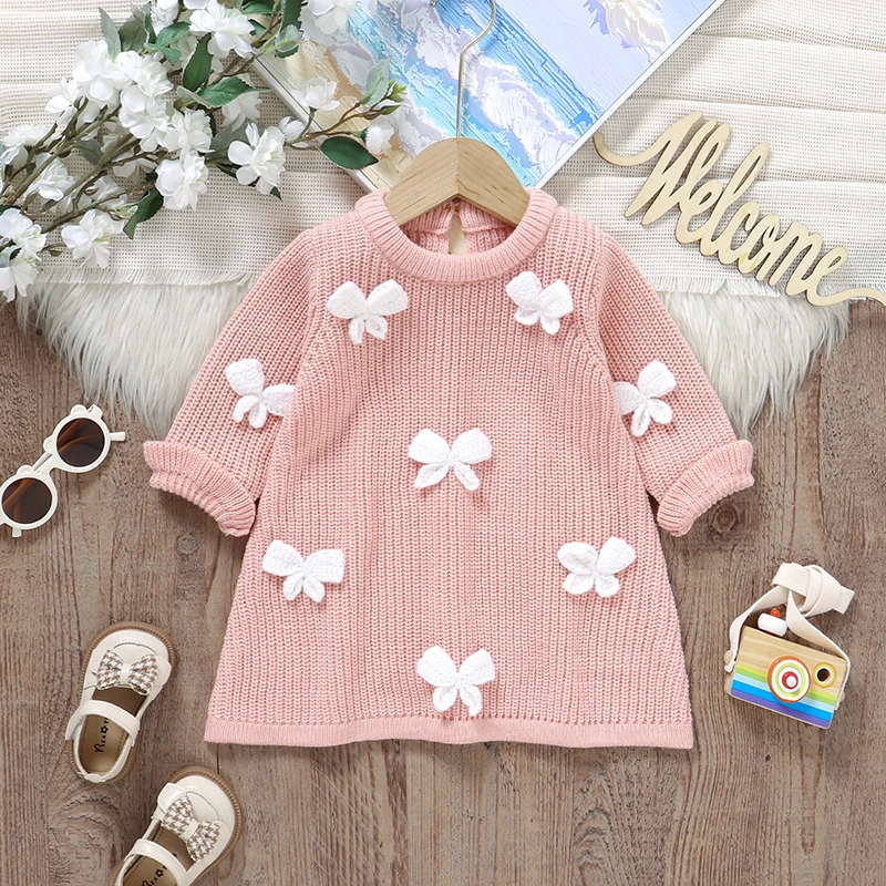 

Baby Sweater Dress Long Sleeve Autumn Newborn Girls Frock Cute 3D Bows Infant Children Clothing Fashion Ruffles Overalls Skirt