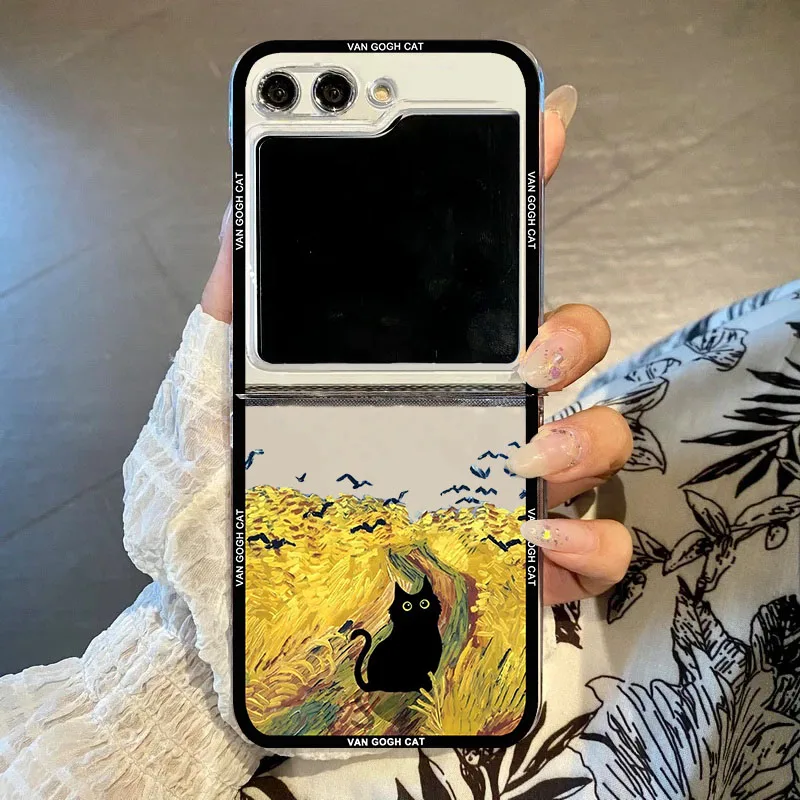 Phone Case For Samsung Galaxy Z Flip 6 5 4 3 Aesthetic Art The Black Cat Van Gogh Folding Hard PC Cover for Zflip 3 Clear Fundas