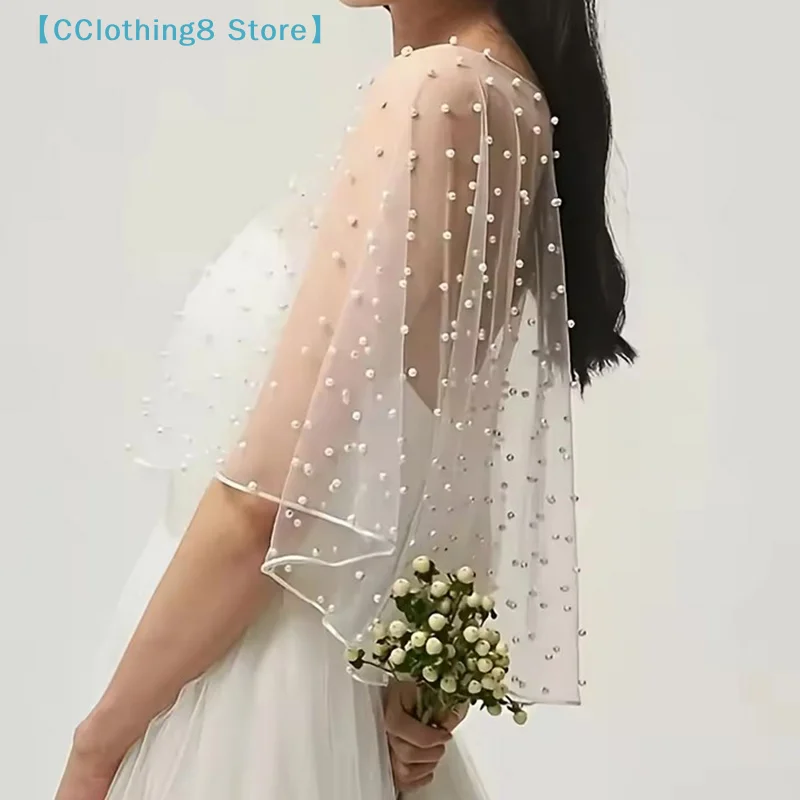 Pearl Beaded Wedding Wrap Sheer Jewel Collar Soft Tulle Front Short Long Back Shawl Marriage Accessories For Women Dress【AliS8】