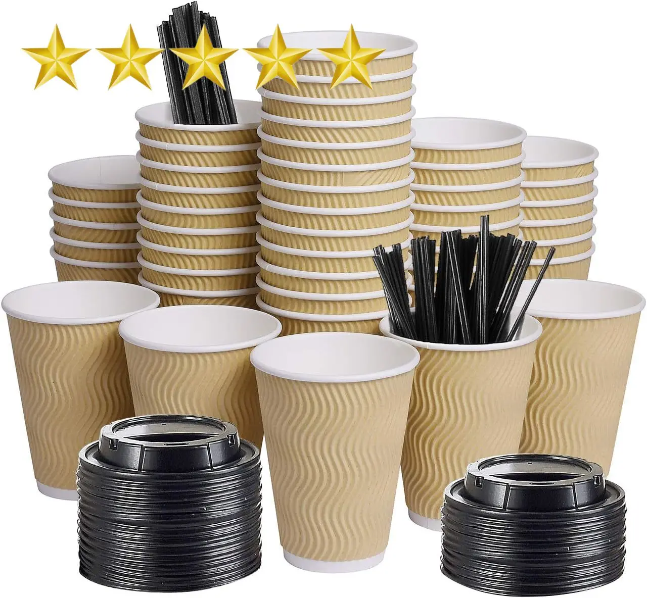 Paper Coffee Cups with Lids, 100 pack 12 oz Ripple Wall Insulated To Go Coffee Cups for Hot/Cold Beverage, Recyclable Takeaway