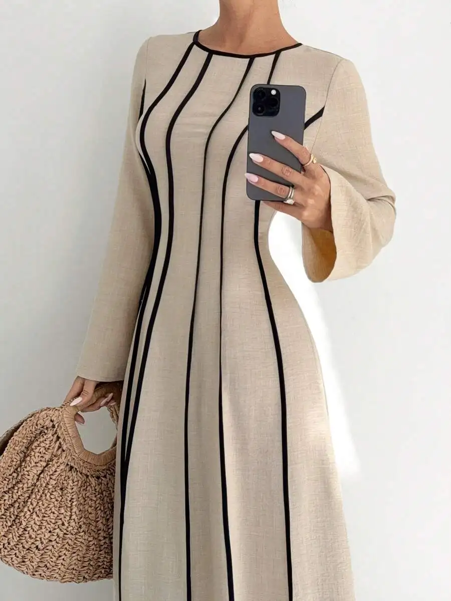 

Contrast Color Linen A-Line Dress For Women Elegant Long Sleeve Evening Dress Spring Autumn