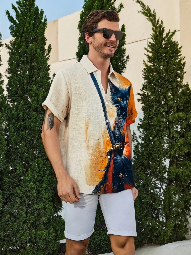 

Oversized Short Sleeve Summer Tops Commuting Tunics Men's Handsome Black Cat Knight Print Casual Shirt Retro Japanese Blouses