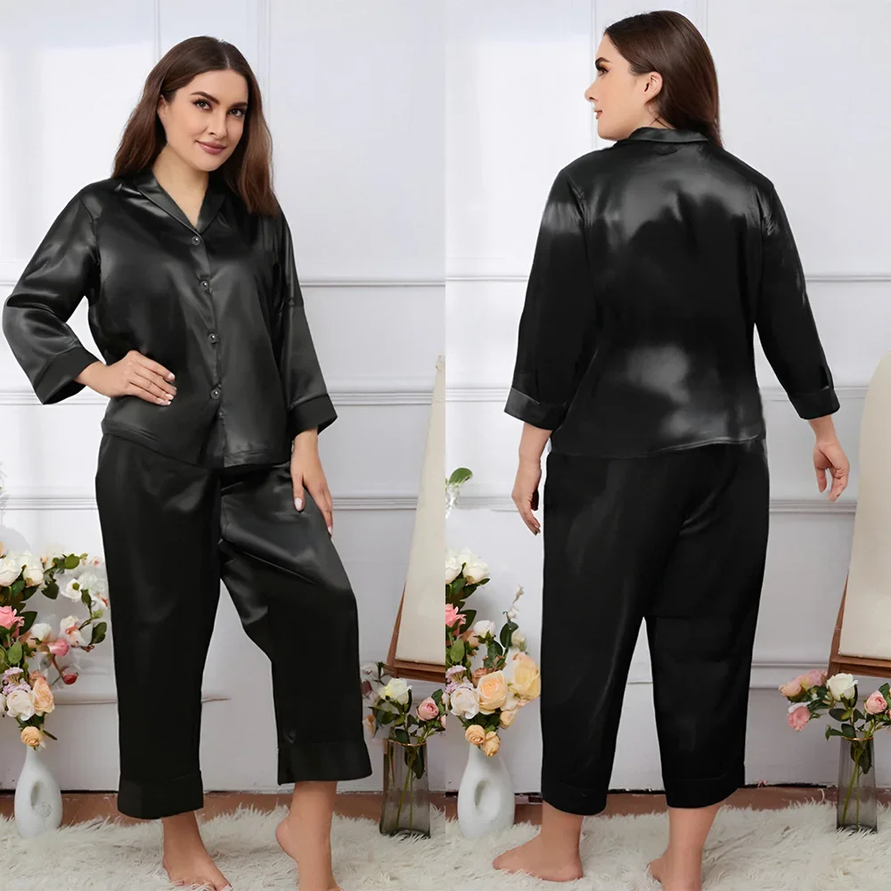 

Large Size 3XL 4XL 5XL Female Pajamas Sexy Top Trouser Suits Home Clothing Black Satin Sleepwear Intimate Lingerie