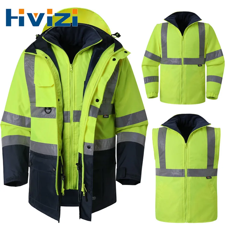 Winter Warm Reflective Jacket Coat Men with Detachable Cotton Linner Hi Vis Workwear Hooded Parka Windproof Waterproof