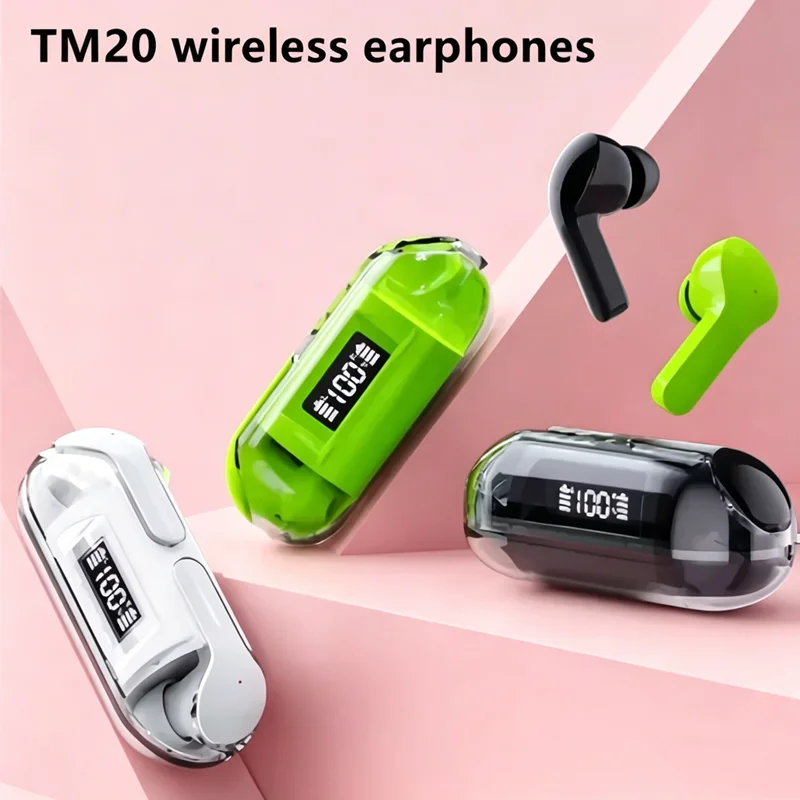 TM20 Transparent Bluetooth 5.3 Earphone Wireless Headphones LED Power Display Noise Reduction Sports Music Game Headset with Mic