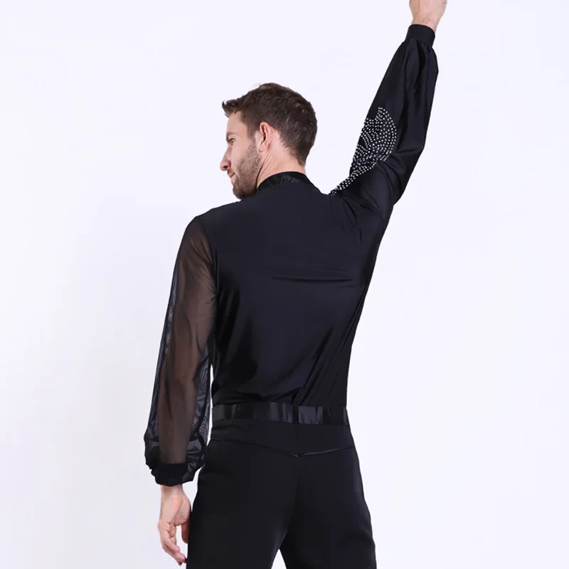 Latin Dance Shirts Männer Strass Netzgarn Langarm Wettbewerb Männer Tanz Top Rumba Samba Dance wear Herren