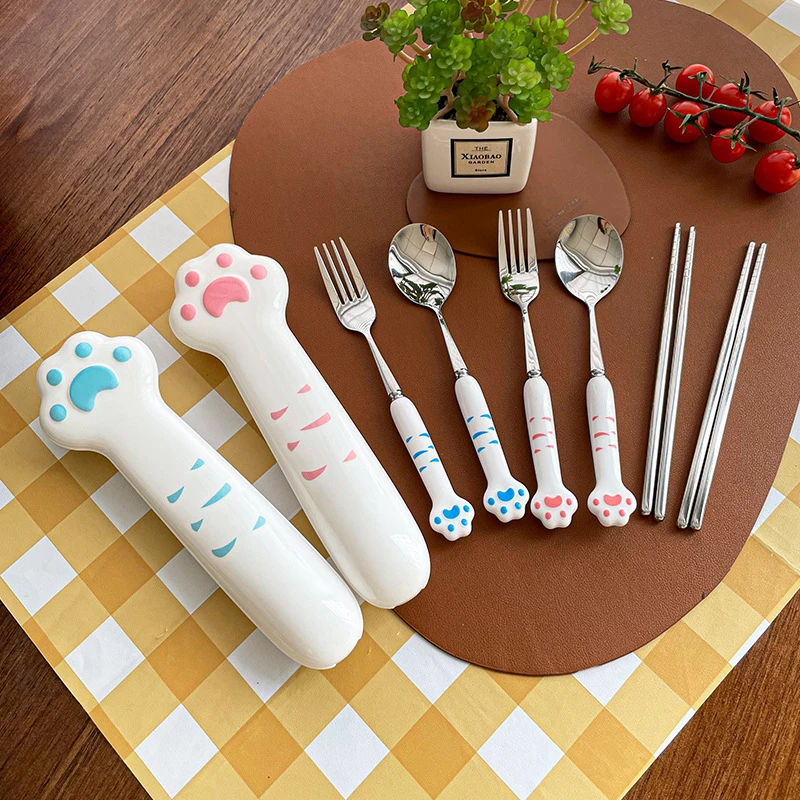 Dinnerware Tableware Silverware Lunch Portable Tableware Cute Cat Paw Cutlery Set Stainless Steel Fork Spoon With Storage Box