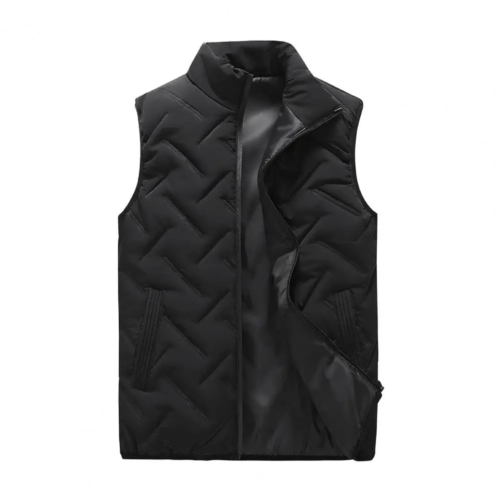 Down Alternative Padded Vest Men's Winter Stand Collar Sleeveless Vest with Zipper Closure Pockets Solid Color Thickened Padding