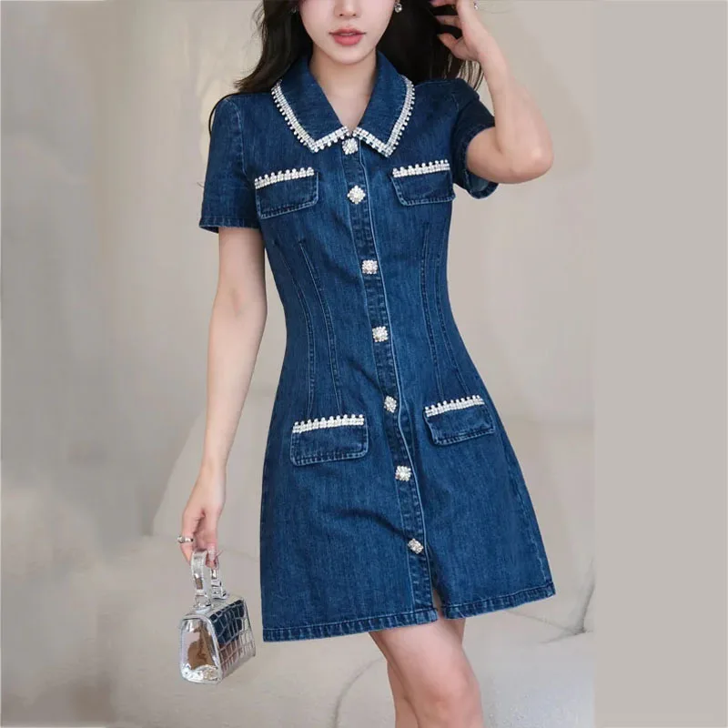 24 Women's Early Autumn Casual Short Dresses Korean One Piece Denim Skirt Bright Glitter Button Decoration Y2k Women's Clothing