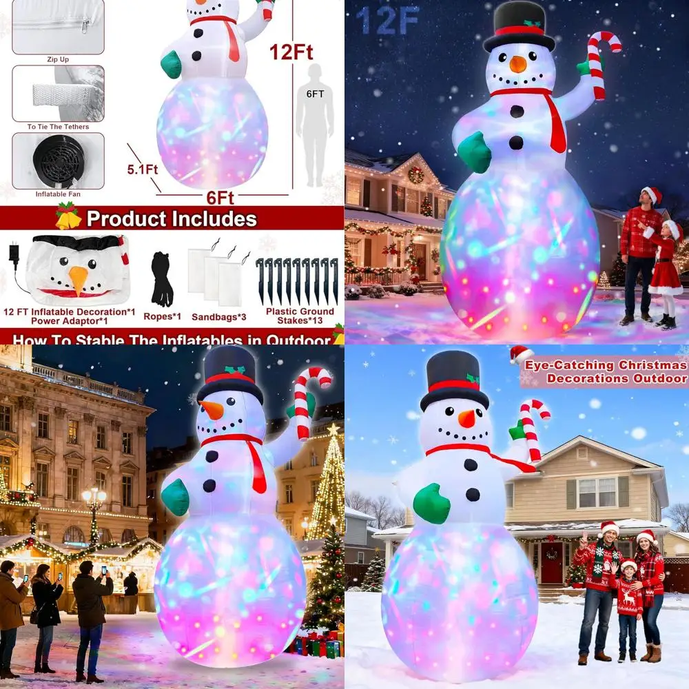 

Giant 12ft x 6ft Inflatable Snowman Outdoor Christmas Decoration with Candy Cane and Colorful Rotating Lights