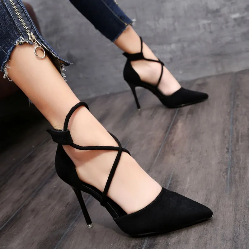 2021 Summer European and American Suede Pointed Cross Toe Strap High Heel Shoes Women\'s Banquet Nightclub Sexy Thin Heel Sandals