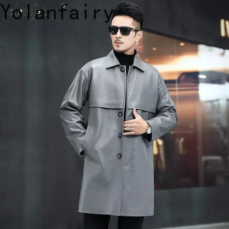 YOLANFAIRY Luxury Cowhide Leather Coat Mens Clothing Genuine Leather Jacket Men Fashion Windbreaker Medium Long Big Pocket