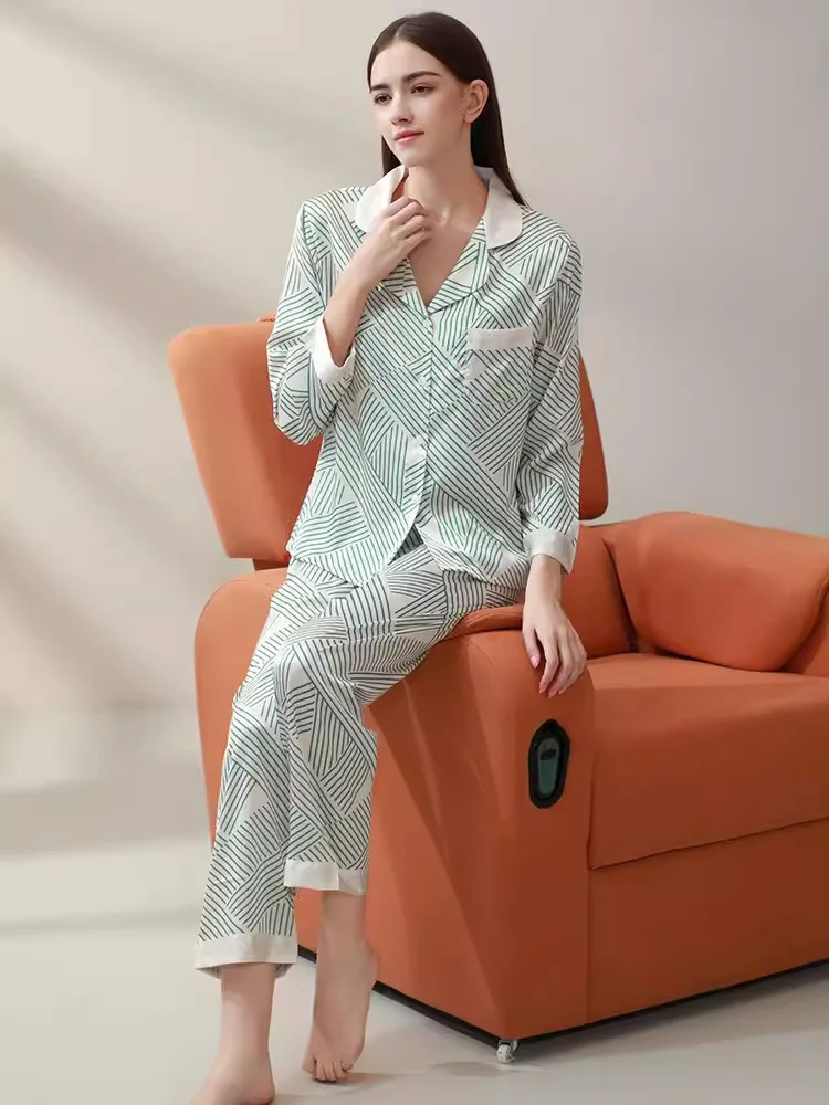 Green Stripe Luxury Pyjama Set Pure Silk Two-Piece Suit for Home Women Long Sleeved Ladies 100% Silk Nightwear With Pocket