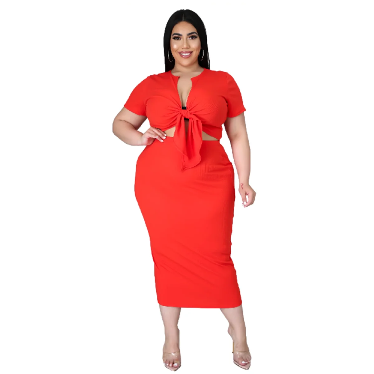 Plus Size New Arrival modny damski kombinezon Top i spódnica duży rozmiar V dekolt z krótkim rękawem Top na co dzień zestaw spódnic ansd dla kobiet