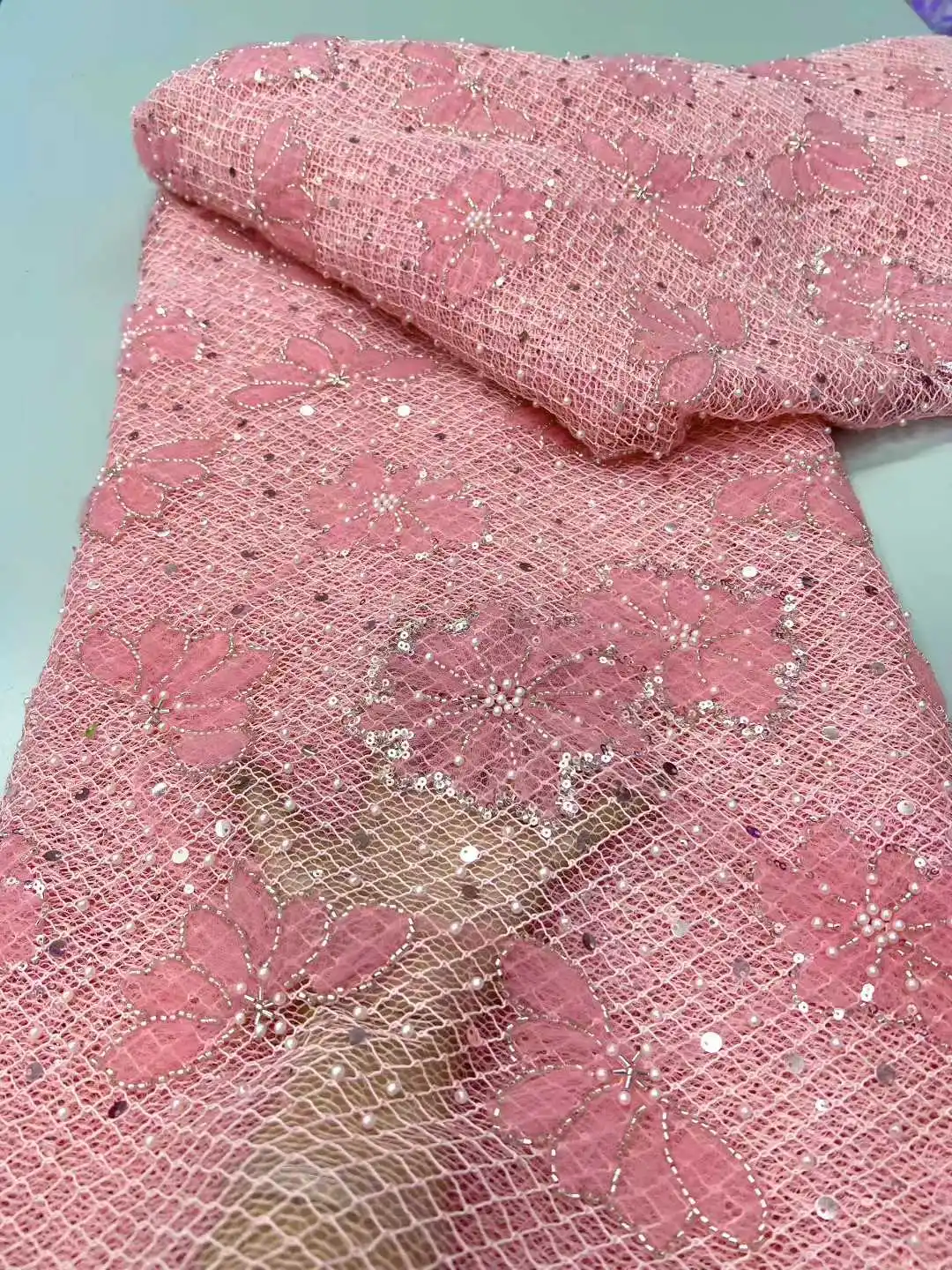 

2025 African Nigerian High-Quality Embroidery Lace Fabric French Tulle Lace Fabric Sequins Beads 5 Yards for Wedding Party Dress