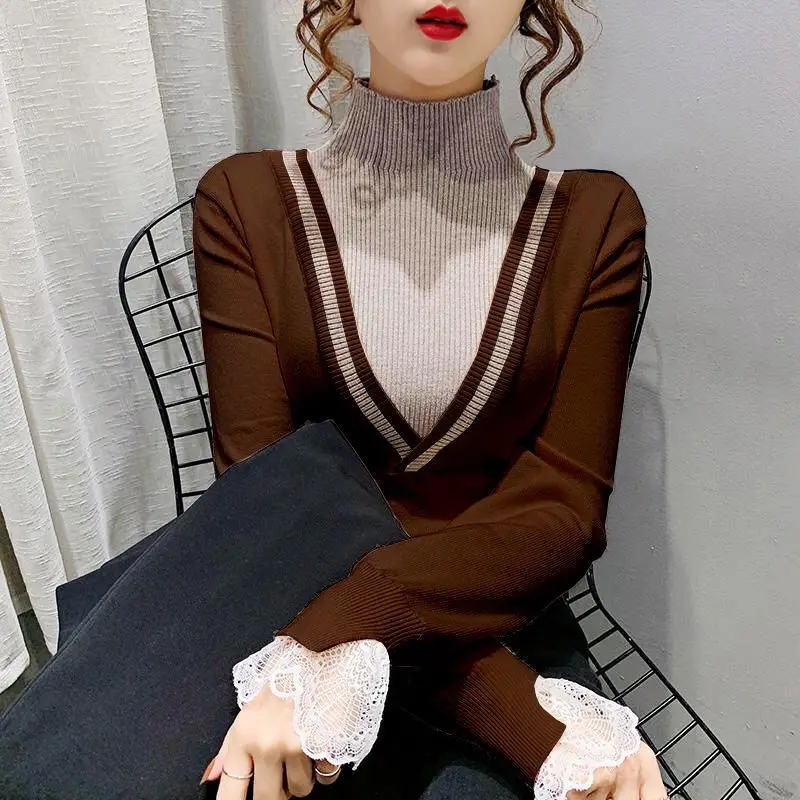 Autumn Winter New Lace Patchwork Bottoming Shirt Fake Two Piece Slim Contrast Knitting Pullovers Vintage Fashion Women Clothing