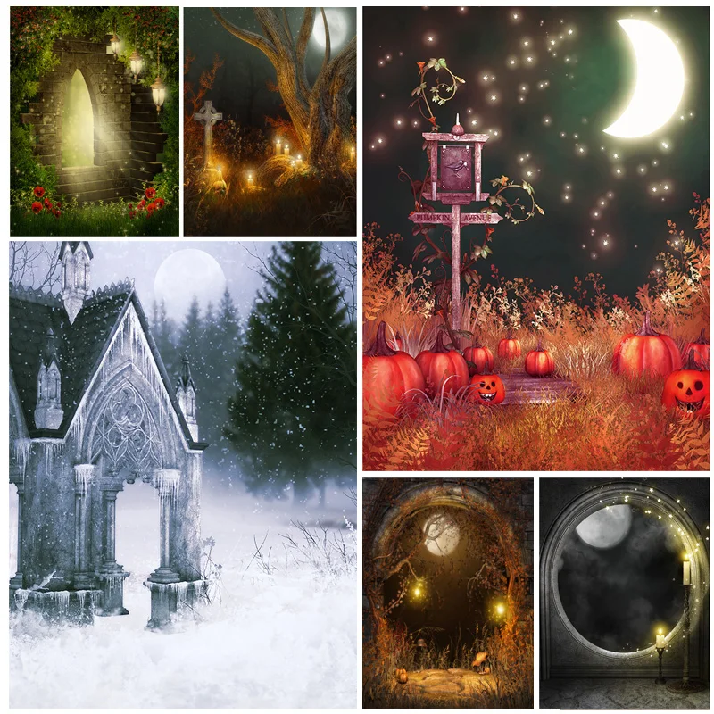 SHENGYONGBAO-telón de fondo de Halloween, farol de calabaza, castillo, bosque, Luna, lápida, Fondo de fotografía, accesorios de estudio fotográfico, NG-06