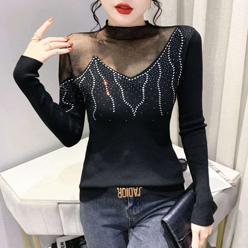 

Fall Winter Knitted Mock Neck Sweater Sexy Patchwork Hollow Out Women's Long Sleeve Shiny Diamonds Drilling Pullovers Tops 0278