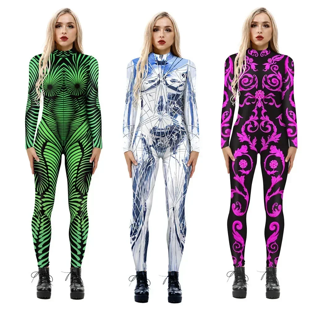 2023 New Green Stripe 3D stampato tuta donna Sexy Fancy Party Dress Halloween Carnival Zenti body