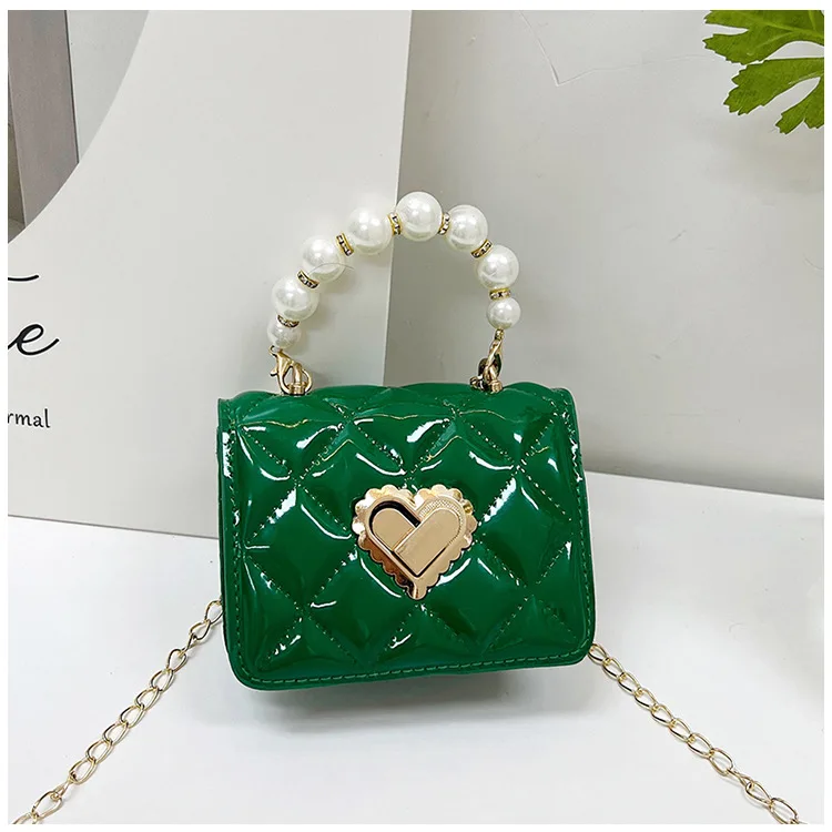 Bolsa feminina alça de pérola falsa ouro amor coração destacável corrente de metal mini elegante menina bolsa de ombro único carteira bonito