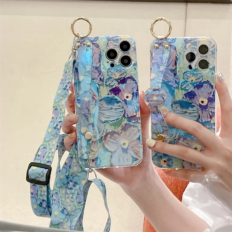 Glitter Oil Painting Flower Phone Holder Crossbody Case for Samsung S24 S22 S23 S21 S20 FE A54 14 24 34 15 25 53 13 23 33 32 52S