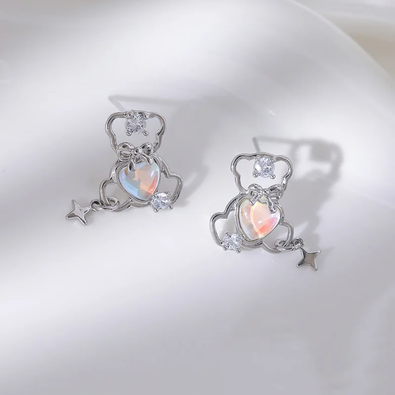 Colorful Zircon Hollow Bear Stud Earrings Sweet Cute Unique Personality Little Bear Earring For Women Daily Party Use Premium