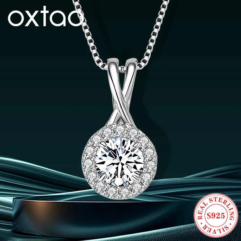 

OXTAO Full Moissanite Ladies Diamond Pendant for Women 925 Sterling Silver Round Halo Pendant Necklace Wedding Jewelry Gift