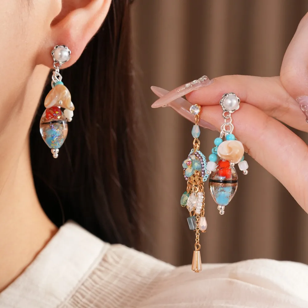 Boho Vintage Gold Tone Inlaid Zircon Glass Bead Tassel Dangle Earrings for Women Ethnic Style Photoshoot Vacation Travel Jewelry