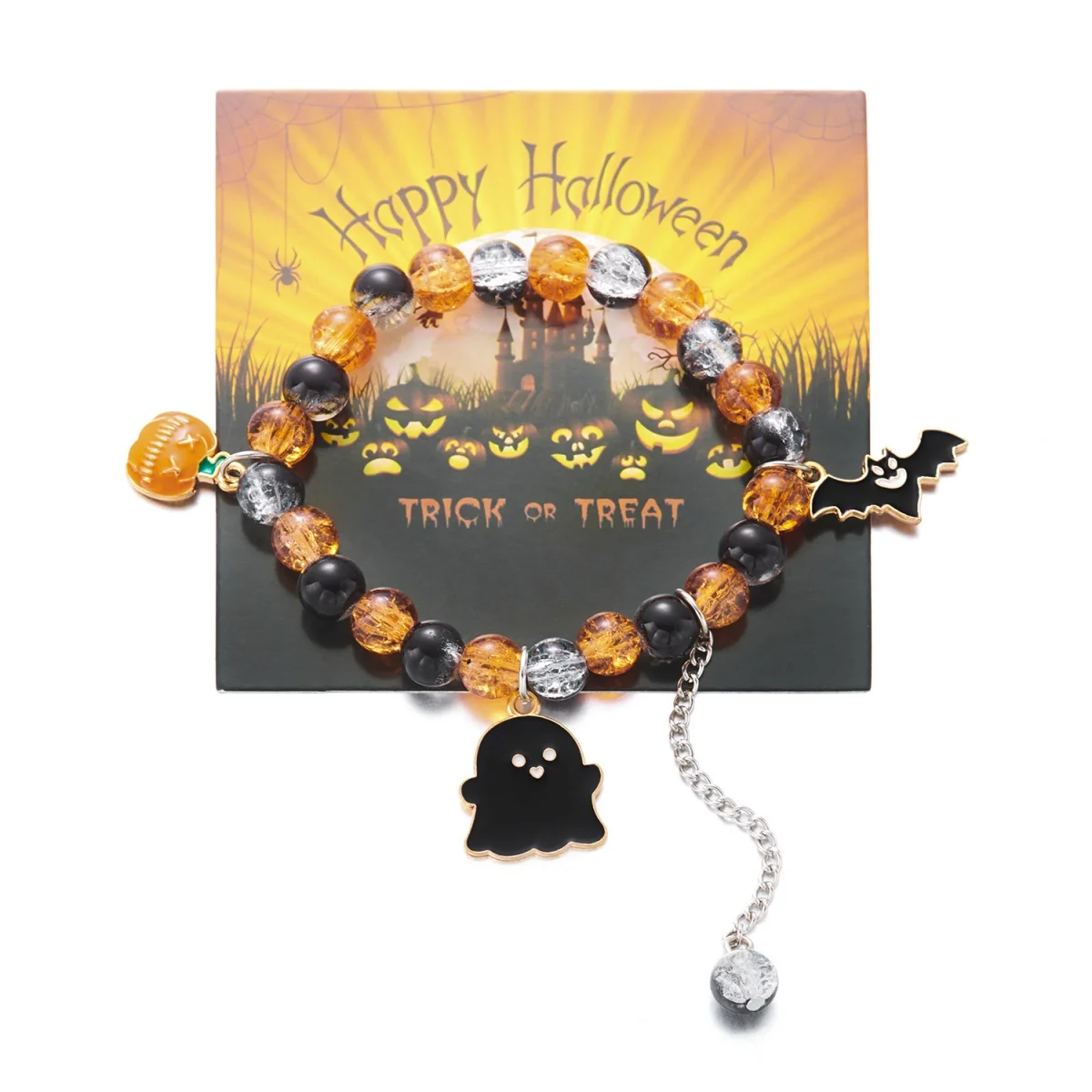 Halloween Bracelet Pumpkin Ghost Bat Castle Pendant Charm Crystal Bead Bangle Goth Jewelry For Women Men Party Gift Accessories