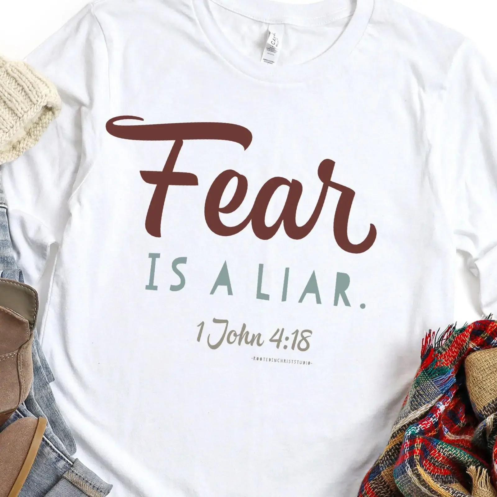 Fear Is A Liar 1 John 4 18 Bible Verse Long Sleeve T Shirt Faith Over Christian Casual Mental Health vintage Washed Stretched