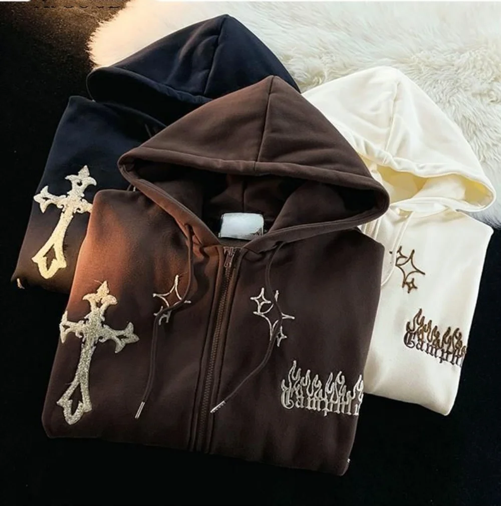 Y2K Women Zipper Chic Hoodies Fashion Autumn Winter Embroidered Oversized Sweater Coats Casual Holiday Loose Female Sweatshirt