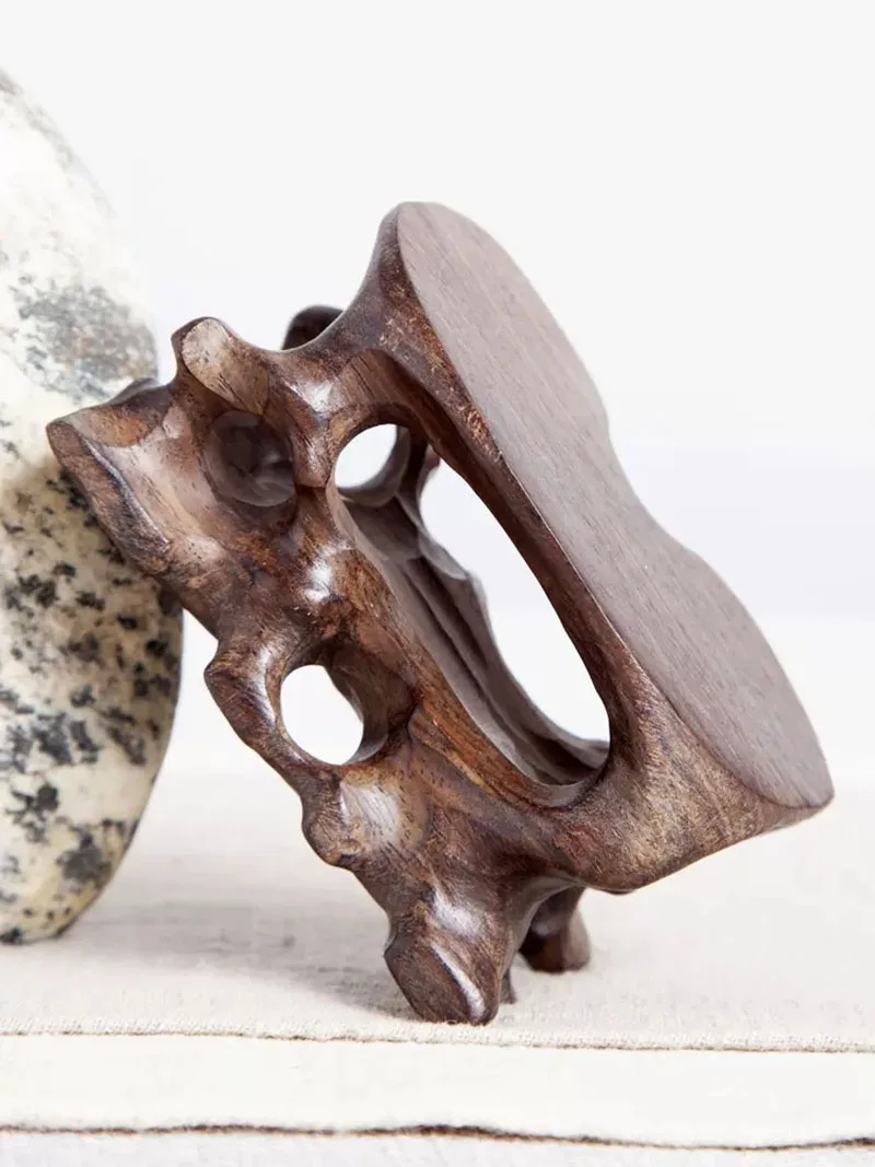 Rosewood Carving Handicraft Ornament Base, Natural Stone, Small Vase, Jade Stone Seal Base, Chicken Wing Wooden Bracket