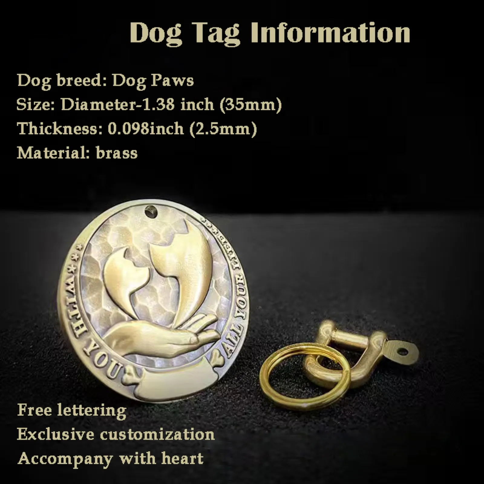 

Personalized Dog ID Tag, Brass Stereo Relief, Paw Style, Custom Text Engraved on Both Sides, Lightweight