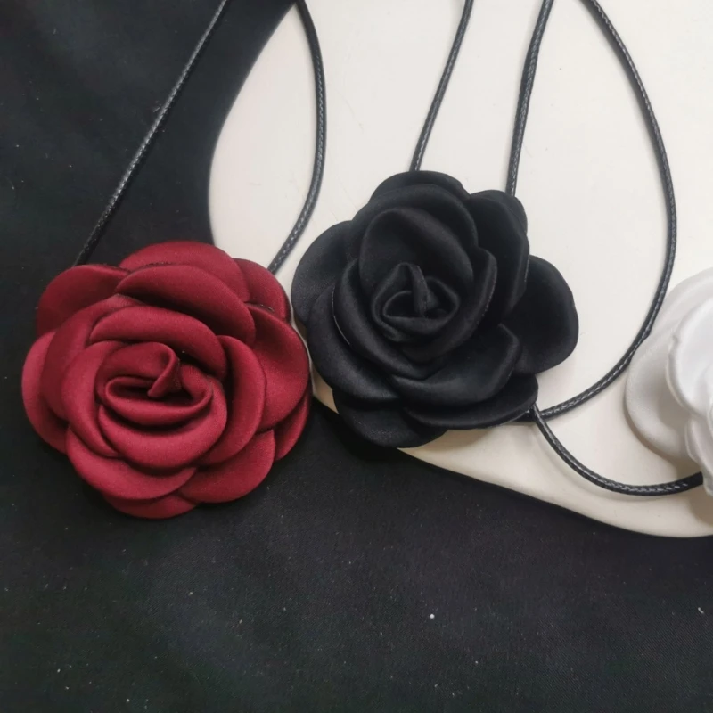 ZB91 Sleutelbeenketting Zwart Wax Touw Camellia Kraag Choker Bruiloft Halloween Sieraden