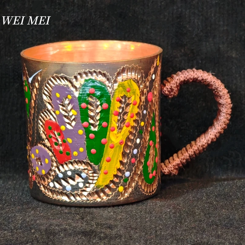 

Pure Copper Hand-Carved Patterned Painted Coffee Mug,Woven Handle Featuring Vintage-Style Unique Art Gift Juice Cup Tableware