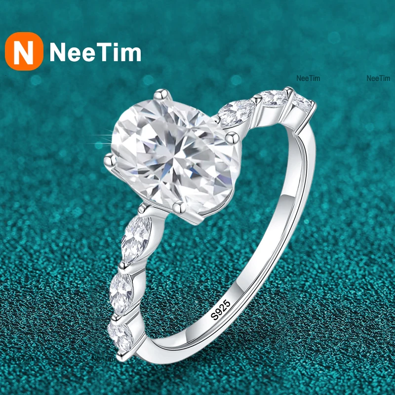 

NeeTim 2ct Oval Cut Full Moissanite Wedding Ring 925 Sterling Silver with Gold Plated Eternity Wedding Ladies Band Women's Rings
