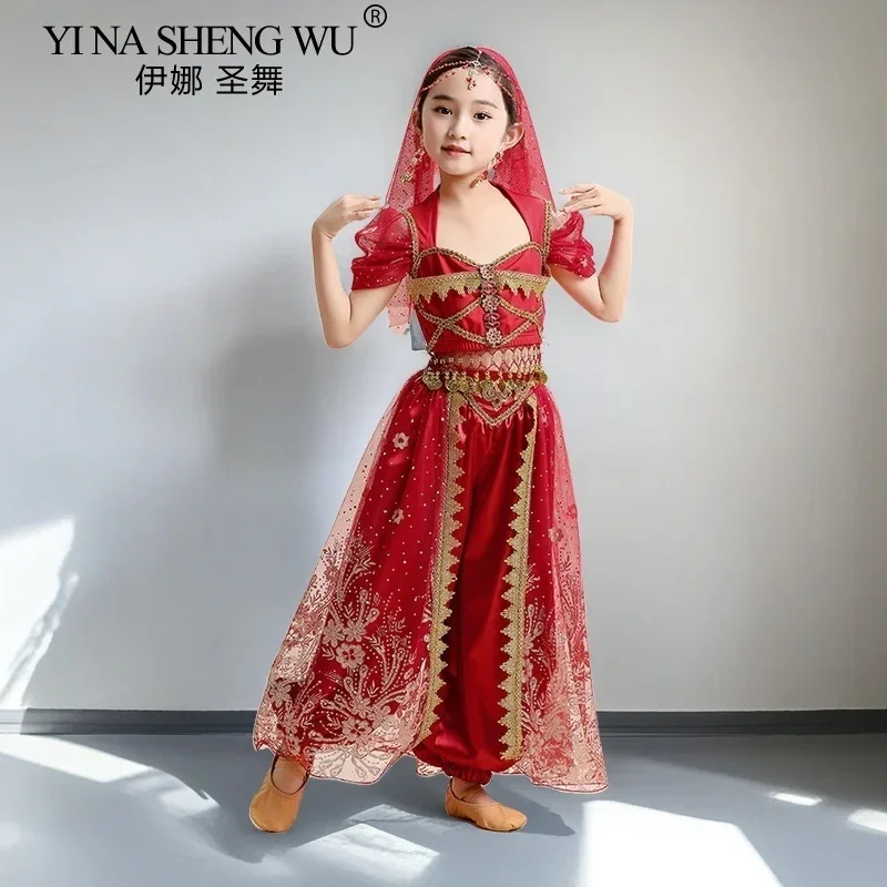 

Kids India Princess Belly Dance Suit Oriental Indian Dance Sari Girl Performance Costume Set Bollywood Children Stage Outfit 6Pc