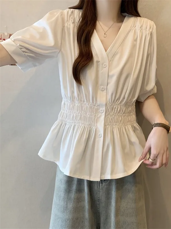 Unique Beautiful V-Neck Short Sleeve Shirt Women's plus Size Casual Fashion Belly Covering Top Korean Style Loose Fit Summer ...