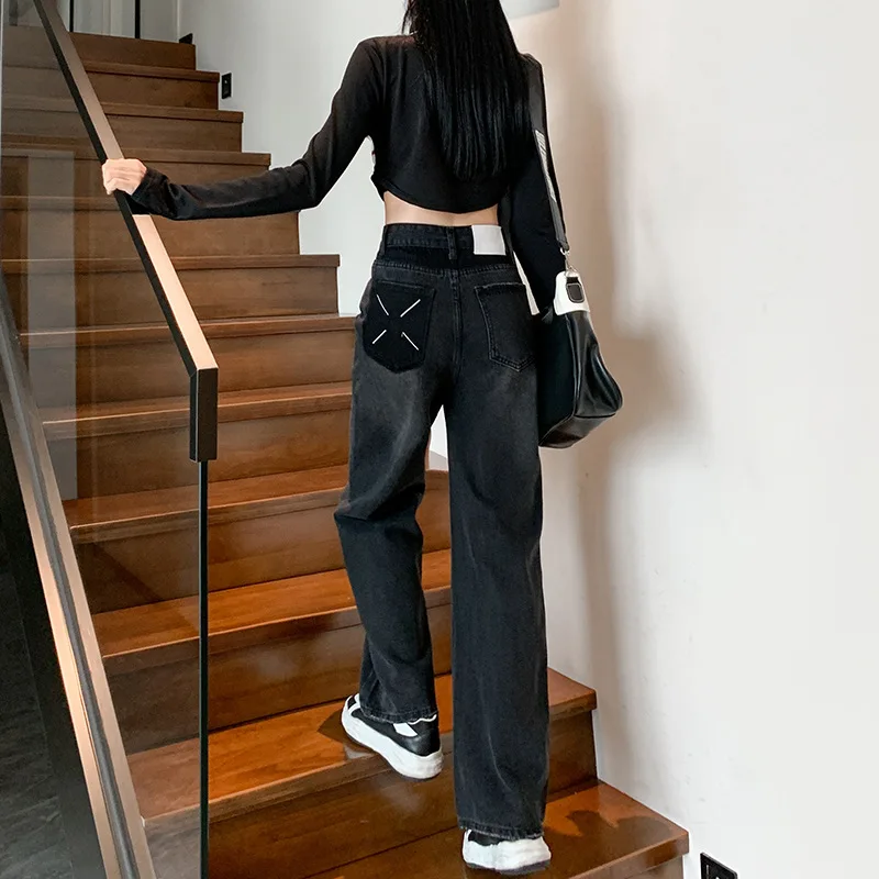 

Black and Gray High-waisted Wide-leg Pants, Jeans, Women's Autumn, 2025 New Small Slimming Autumn and Winter Straight-leg Pants