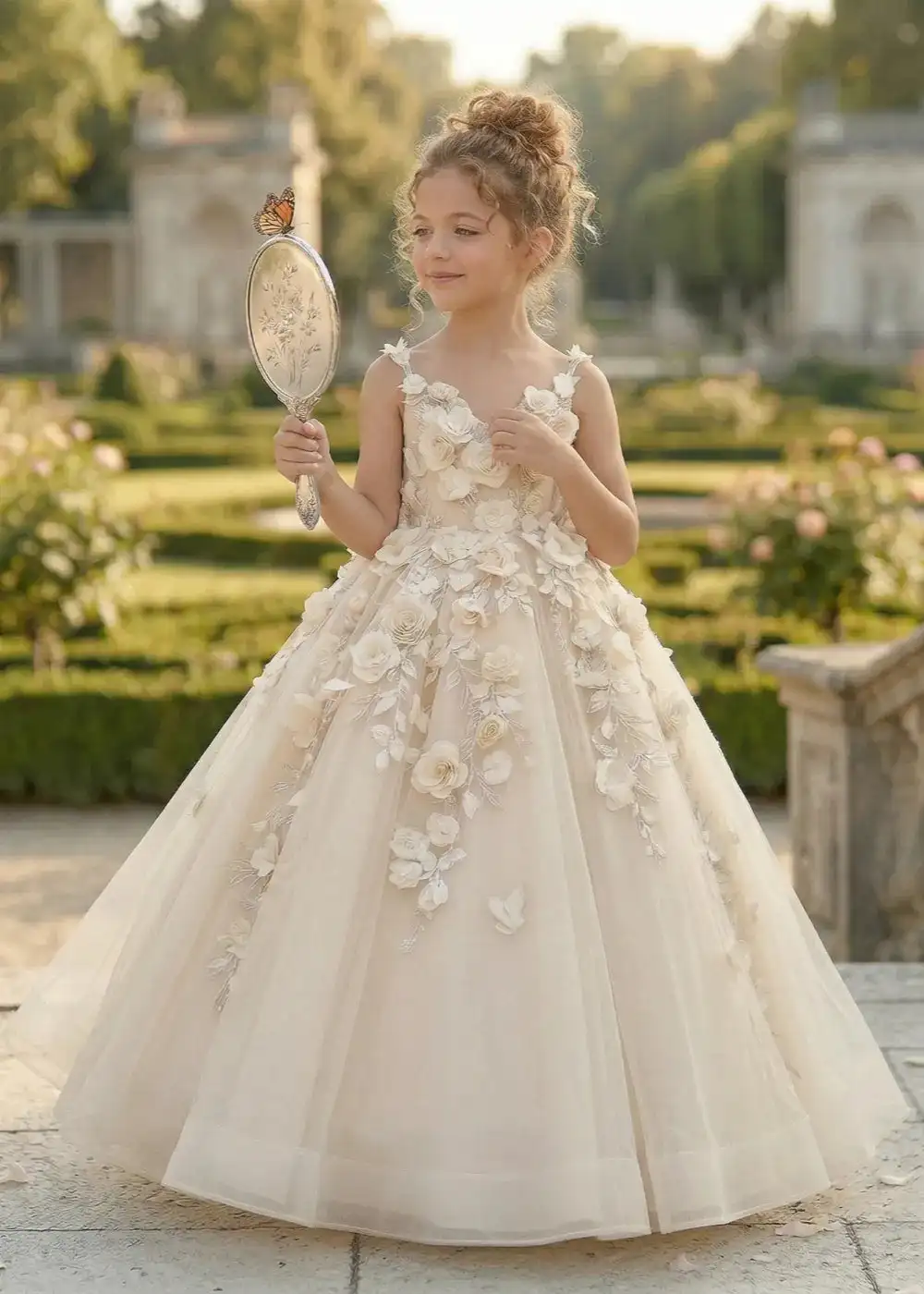 

Light Luxury 3D Floral Mesh Flower Girl Dress 2026 Elegant Embroidered Spaghetti Strap Princess Dress Girls Beauty Pageant Party