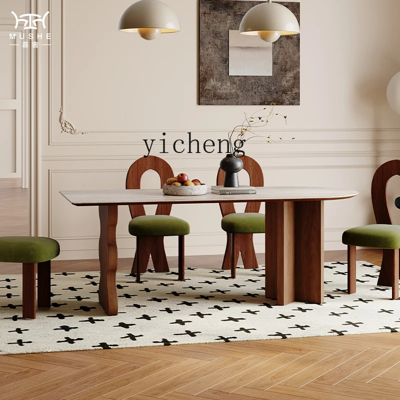 

XL retro travertine rock slab dining table and chairs North American black walnut solid wood semi-oval island dining table