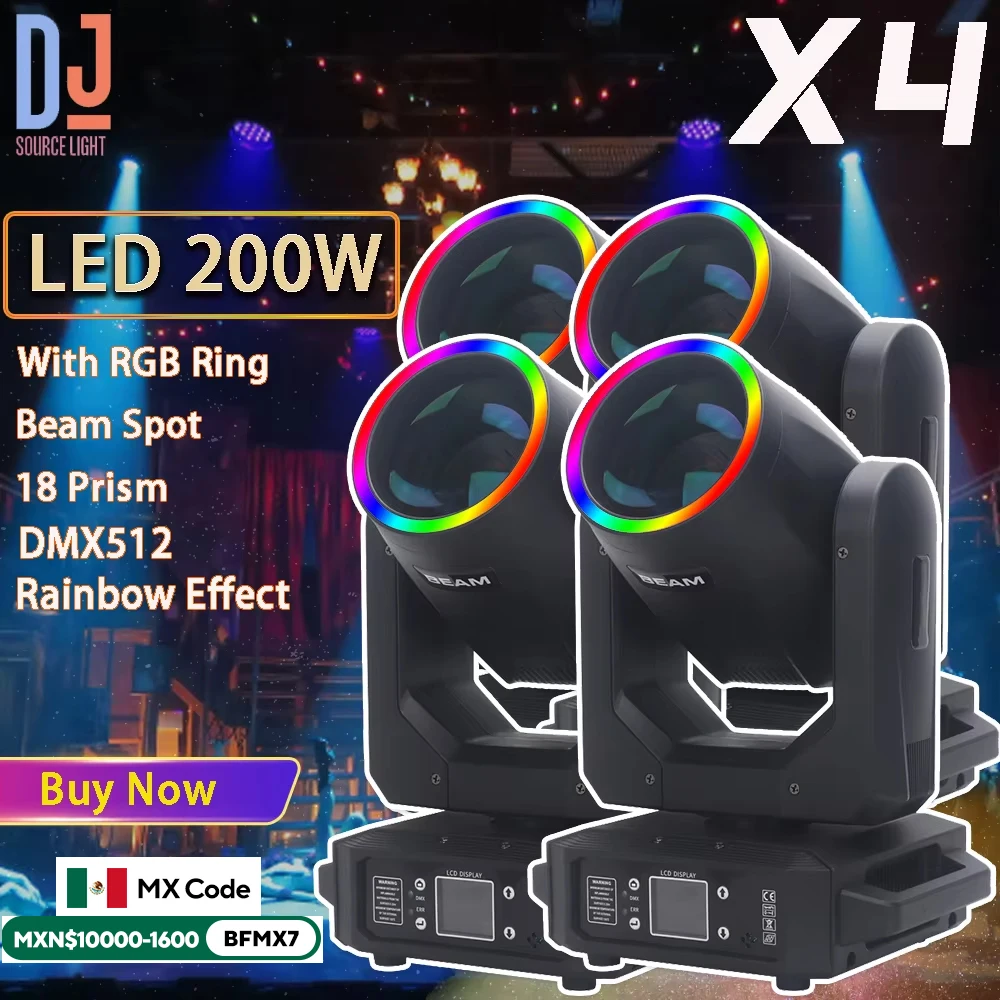 4Pcs LED Moving Head Light 200W Beam+Spot+18 Prism+Rainbow Effect Stage Lighting Dmx DJ Disco Party Wedding Stage Effects Lamp